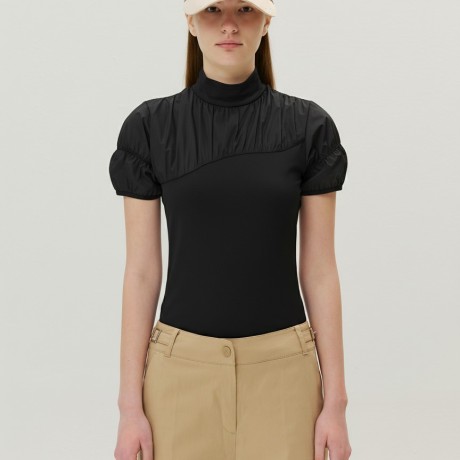 여성 셔링 블록 모크넥 반팔 티셔츠