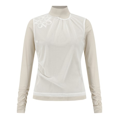 여성 메쉬 레이어 셔링 하이넥 티셔츠