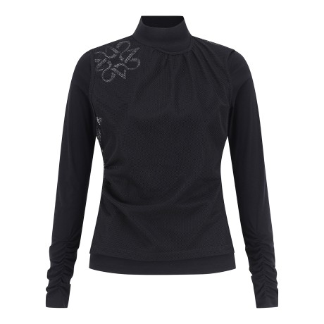 여성 메쉬 레이어 셔링 하이넥 티셔츠