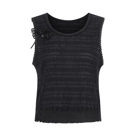 여성 리본 탈착 스모킹 슬리브리스 티셔츠