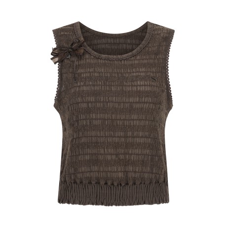 여성 리본 탈착 스모킹 슬리브리스 티셔츠