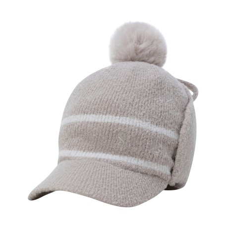 여성 배색 라인 폼폼 이어워머 니트캡