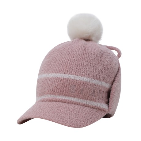 여성 배색 라인 폼폼 이어워머 니트캡