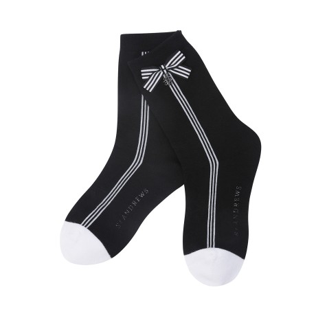 여성 리본 배색 라인 중목양말