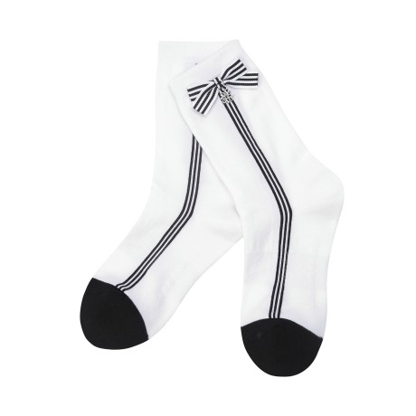 여성 리본 배색 라인 중목양말