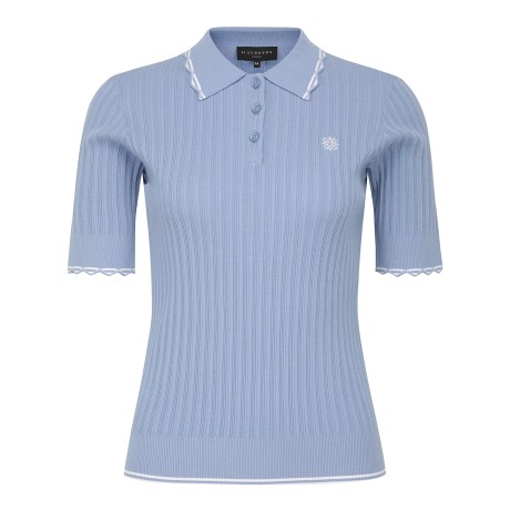 여성 라인 배색 스캘럽 리브 카라 반팔 니트