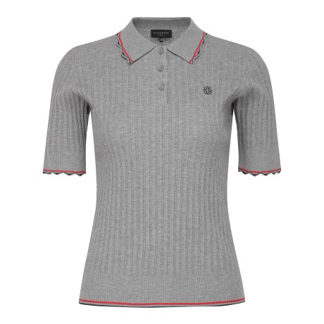 여성 라인 배색 스캘럽 리브 카라 반팔 니트