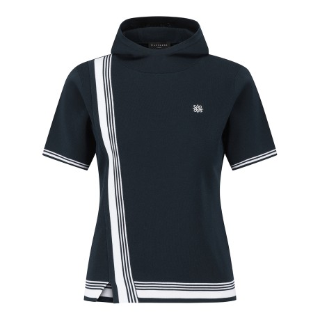 여성 컬러 배색 라인 미니 후드 반팔 니트