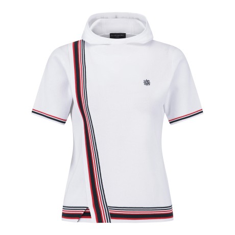 여성 컬러 배색 라인 미니 후드 반팔 니트