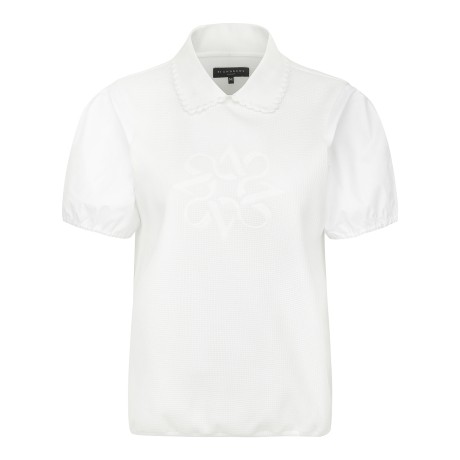 여성 로고 자수 니트 카라 벌룬핏 반팔티셔츠