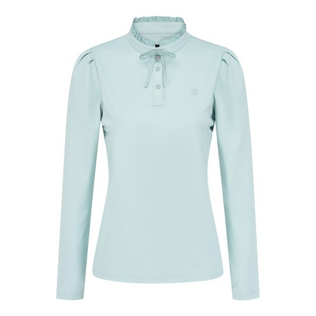 여성 소매 퍼프 프릴넥 리본 브로치 긴팔티셔츠