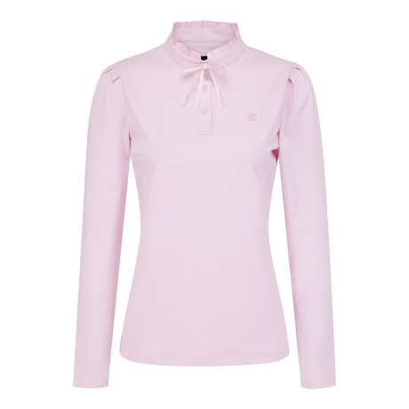 여성 소매 퍼프 프릴넥 리본 브로치 긴팔티셔츠