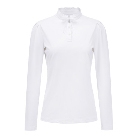 여성 소매 퍼프 프릴넥 리본 브로치 긴팔티셔츠