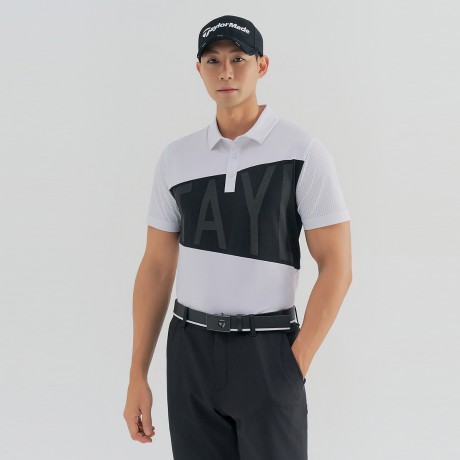 남성 빅레터링 블록 타공 카라 반팔 티셔츠 TMTYN2243-100