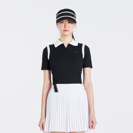 여성 니트 배색 V넥 카라 반팔 티셔츠 TWTPO6146-199