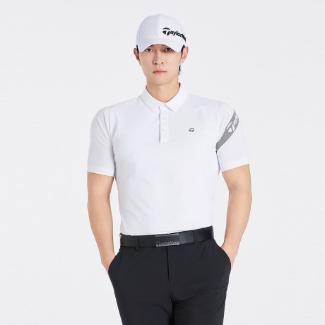 남성 빅레터링 비대칭 소매 카라 반팔 티셔츠 TMTYO2243-100