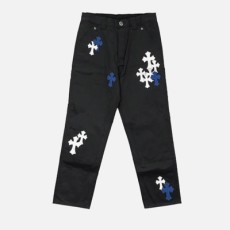 크롬하츠 CH 화이트 & 블루 레더 크로스 패치 데님 진