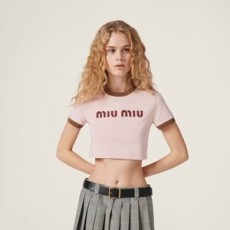 미우미우 자수 코튼 저지 티셔츠