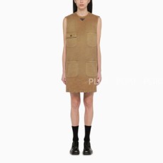 프라다 로고 디테일 베이지 캔버스 민소매 드레스