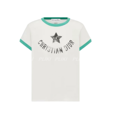 디올 Dioriviera 티셔츠 에크루 & 아쿠아마리나 코튼 저지 티셔츠