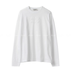 미우 미우 자수 로고 롱슬리브 코튼 티셔츠 화이트