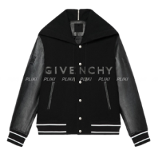 지방시 가죽 및 울 후드 바시티 블루종