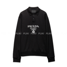 프라다 롱 슬리브드 코튼 폴로 셔츠 블랙