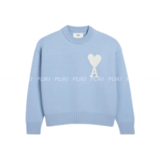 아미 빅 하트 로고 펠트 메리노 울 스웨터 캐시미어 블루 오프 화이트