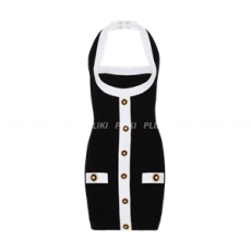 발망 블랙 & 화이트 투톤 홀터넥 니트 미니 드레스