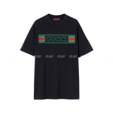 구찌 프린트 코튼 저지 티셔츠 네이비