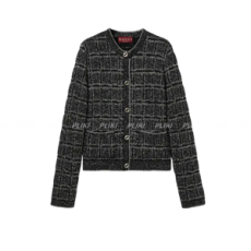 구찌 울 & 라메 체크 자카드 가디건 블랙