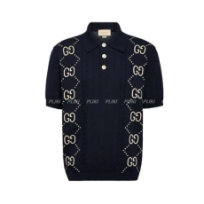 구찌 GG 인타르시아 코튼 니트 폴로 탑 블랙