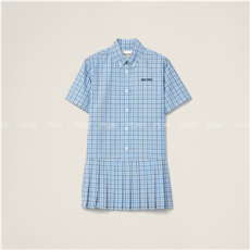 미우미우 플리츠 체크 포플린 드레스 셀레스트 블루