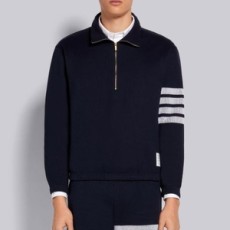 톰브라운 더블 페이스 코튼 니트 4-바 스트라이프 하프 지퍼 퍼넬넥 풀오버