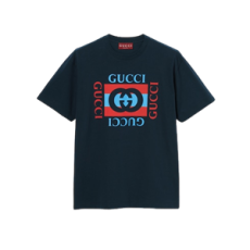 구찌 프린트 코튼 저지 티셔츠 네이비