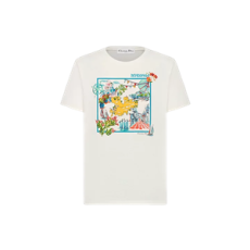 디올 수비니어 티셔츠 화이트 멀티컬러 코튼 및 리넨 저지