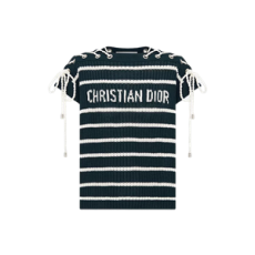 디올 Dioriviera 레이스업 캡 슬리브 스웨터 네이비 블루 & 화이트 D-Stripes 코튼 니트