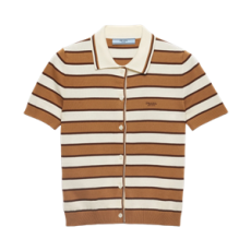 프라다 숏슬리브드 스트라이프 코튼 가디건 카멜 내츄럴