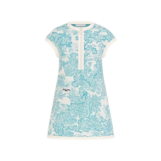 디올 Dioriviera 플레어 쇼트 드레스 화이트 테크니컬 니트 & 은방울꽃 그린 Toile de Jouy Sauvage 모티브