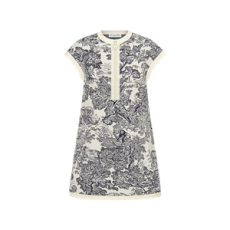 디올 Dioriviera 플레어 쇼트 드레스 딥 블루 & 화이트 Toile de Jouy Sauvage 모티브 테크니컬 니트