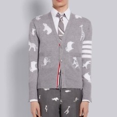 톰브라운 파인 메리노 울 애니멀 아이콘 4-바 V-넥 가디건