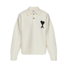 아미 빅 하트 로고 울 롱슬리브 니트 폴로 셔츠 오프 화이트 블랙