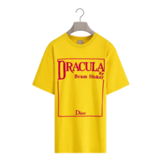 디올 Book Cover 자수 티셔츠, 캐주얼 핏 옐로우 & 레드 코튼 저지