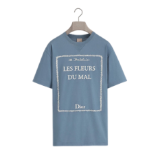 디올 Book Cover 자수 티셔츠, 캐주얼 핏 블루 & 화이트 코튼 저지