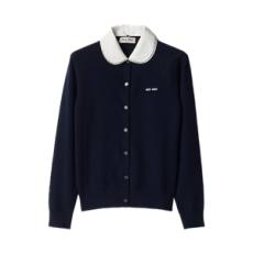 미우미우  캐시미어 가디건 자수 포플린 칼라 네이비