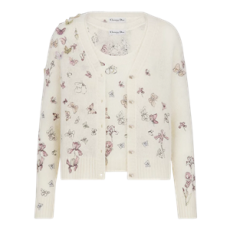 디올 자수 트윈 가디건 화이트 알파카, 캐시미어 실크 니트, 멀티 컬러 Butterflies & Iris 모티브