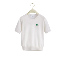 디올 반소매 피티드 스웨터 화이트 울 니트 & 그린, 블랙 디올 클로버 시그니처