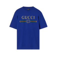 구찌 프린트 실크 혼방 저지 티셔츠 블루